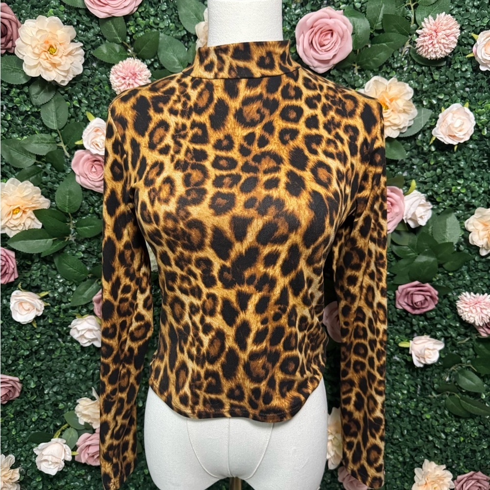 Leopard Print Mock Neck Long Sleeve Top - Brown & Black - Picture 2 of 5